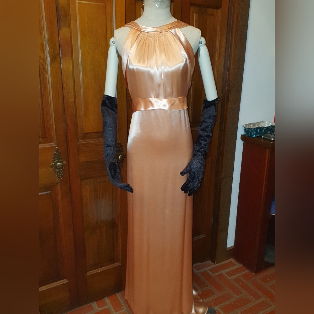 Vintage 30s Peach Satin Halter Evening Gown